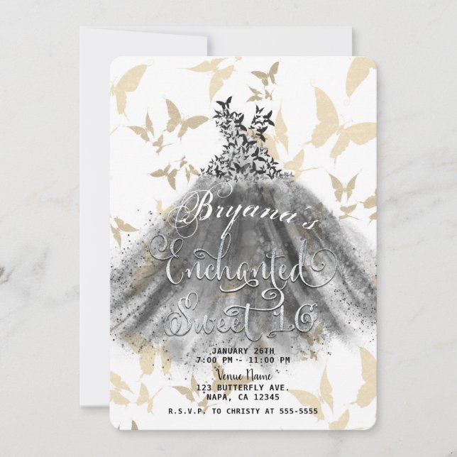 Butterfly Dance Dress Black Gold Sweet 16   Invitation (Front)