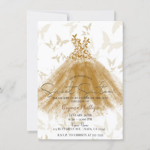 Butterfly Dance Gold Sparkle Dress Sweet 16 Party Invitation