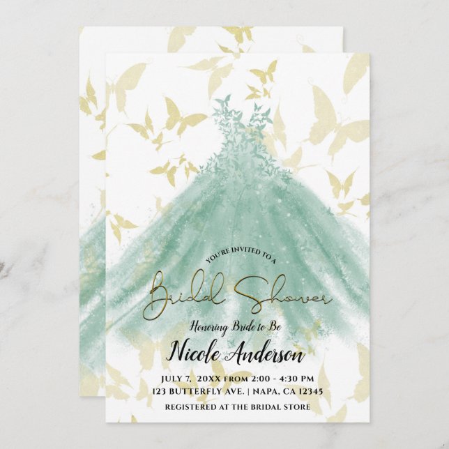 Butterfly Dance Green Dress Gold Bridal Shower  Invitation (Front/Back)