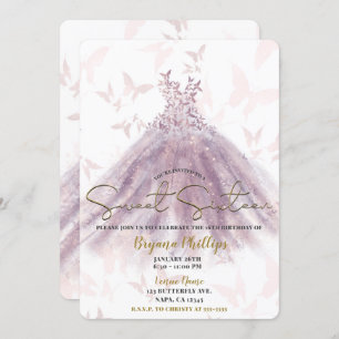 Butterfly Dance Mauve Sparkle Dress Gold Sweet 16  Invitation