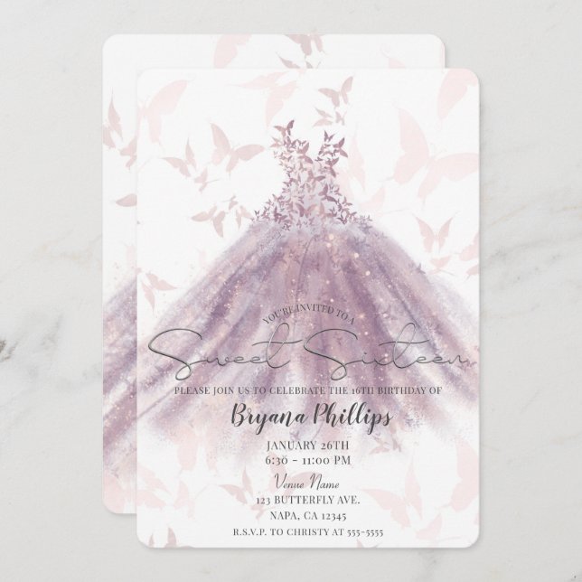 Butterfly Dance Mauve Sparkle Dress Sweet 16 Party Invitation (Front/Back)