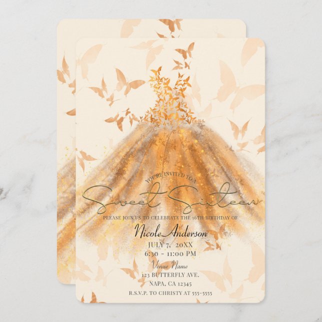 Butterfly Dance Orange Sparkle Dress Sweet 16 Invitation (Front/Back)