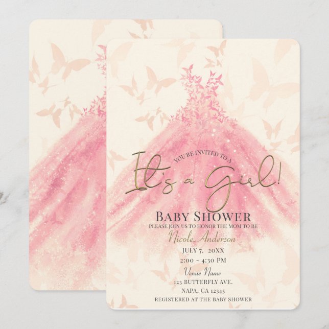 Butterfly Dance Peach Sparkle Dress Baby Shower Invitation (Front/Back)