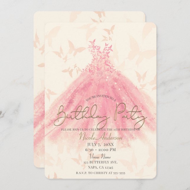 Butterfly Dance Peach Sparkle Dress Birthday Party Invitation (Front/Back)