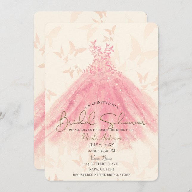 Butterfly Dance Peach Sparkle Dress Bridal Shower Invitation (Front/Back)