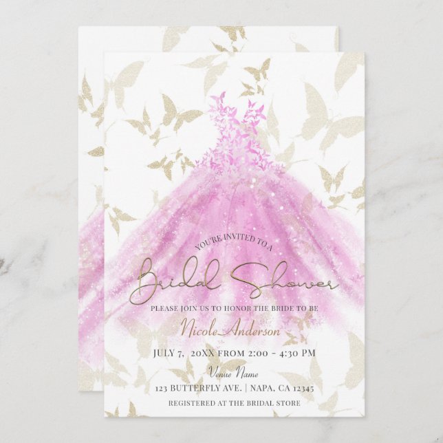 Butterfly Dance Pink Gold Dress Bridal Shower Invitation (Front/Back)