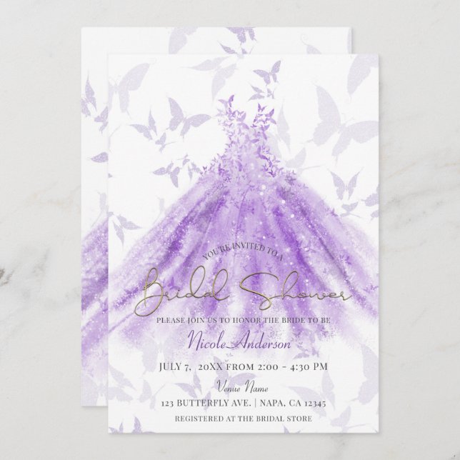 Butterfly Dance Purple Dress Bridal Shower Invitation (Front/Back)