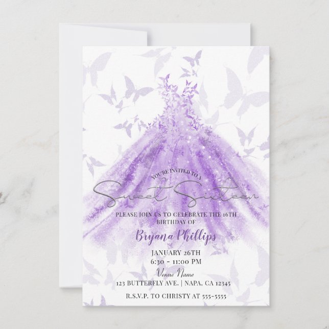Butterfly Dance Purple Dress Sweet 16 Party Invitation (Front)