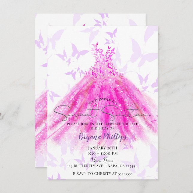 Butterfly Dance Purple Hot Pink Dress Sweet 16 Invitation (Front/Back)