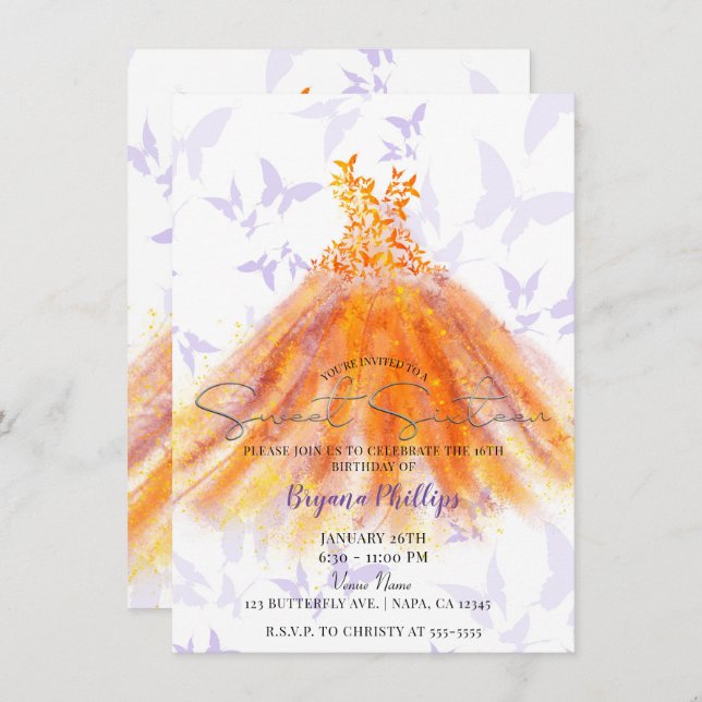 Butterfly Dance Purple Orange Dress Sweet 16 Party Invitation (Front/Back)
