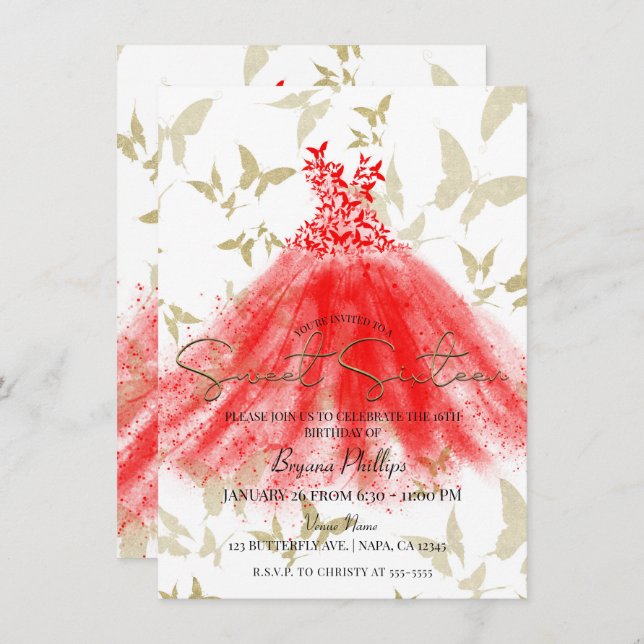 Butterfly Dance Red Dress Gold Sweet 16 Party Invitation (Front/Back)