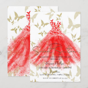 Butterfly Dance Red Dress Gold Sweet 16 Party Invitation