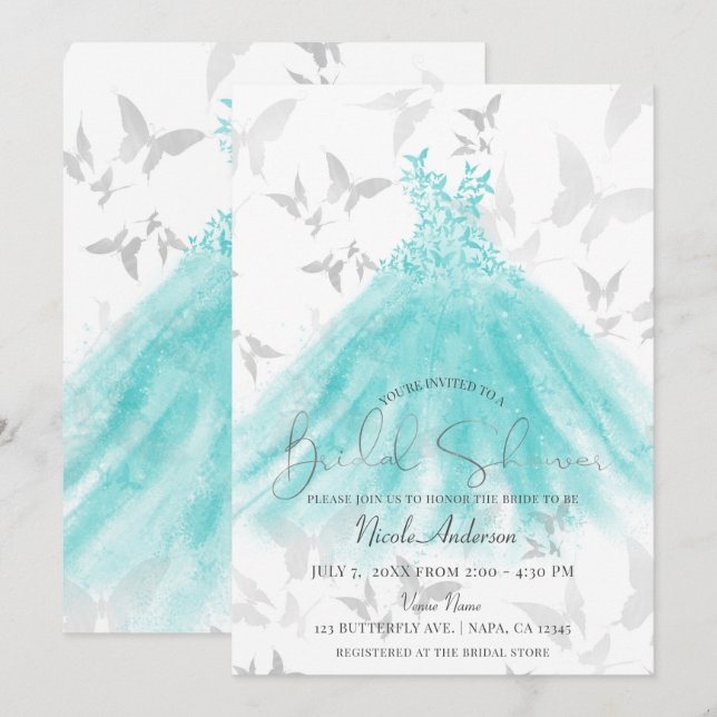 Butterfly Dance Turquoise Dress Bridal Shower Invitation (Front/Back)