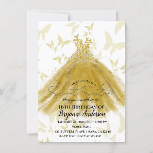 Butterfly Dance Yellow Gold Dress Gold Sweet 16 Invitation