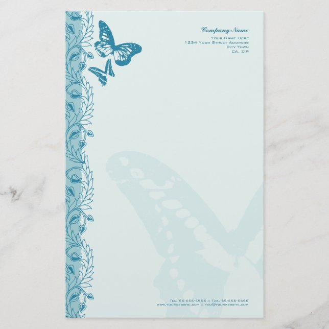 Butterfly & Decorative Ornate Border in Blue Stationery (Front)