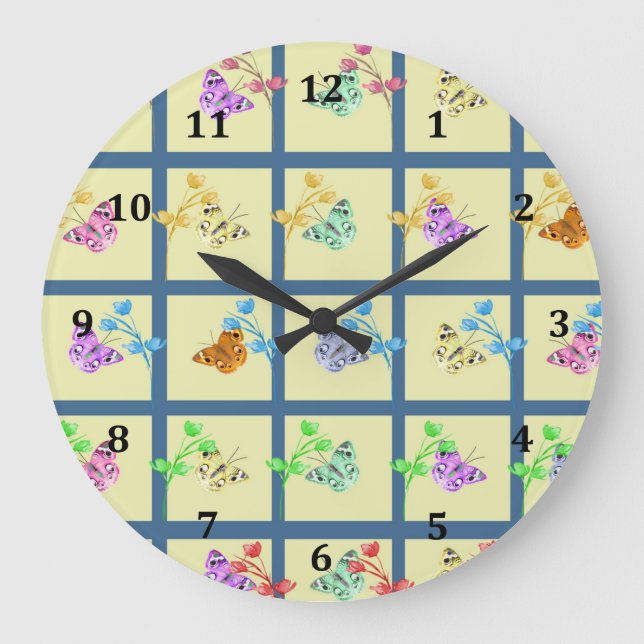 Butterfly Design in Pale Yellow & Mixed Colours Large Clock (Front)
