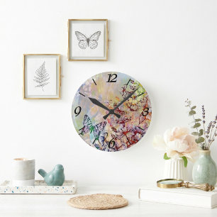 Butterfly dragonfly and flowers round clock