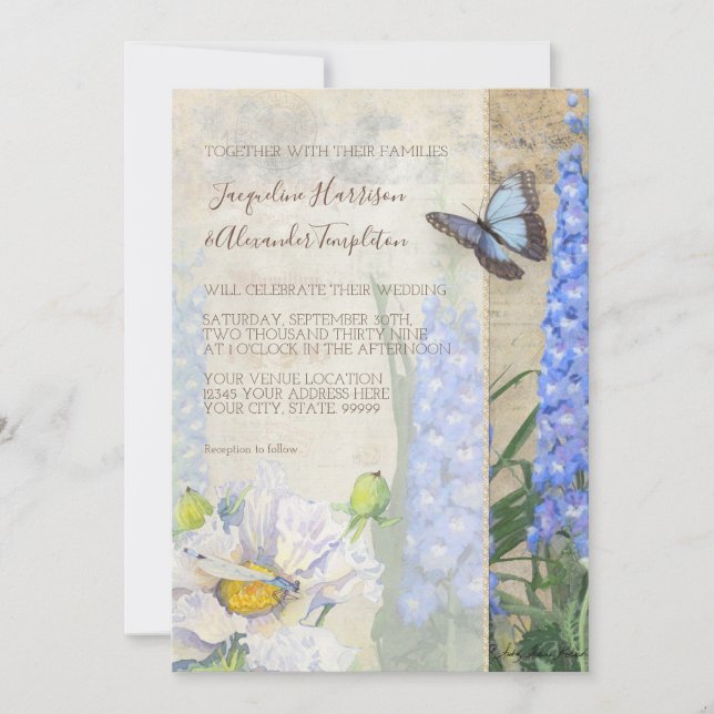 Butterfly Dragonfly Blue White Flowers Wedding Invitation (Front)