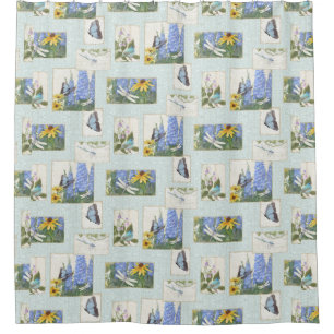 Butterfly Dragonfly n Bird Daisy Delphinium Flower Shower Curtain