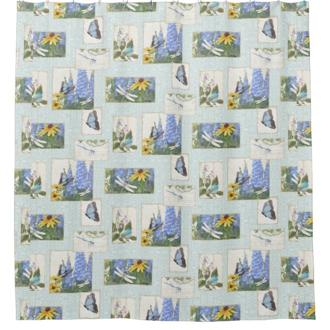 Butterfly Dragonfly n Bird Daisy Delphinium Flower Shower Curtain (Front)