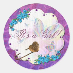 Butterfly Dream Scene Jewelled ITS A GIRL Classic Round Sticker