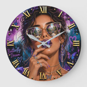 Butterfly Dream Woman Portrait Purple Butterflies Large Clock