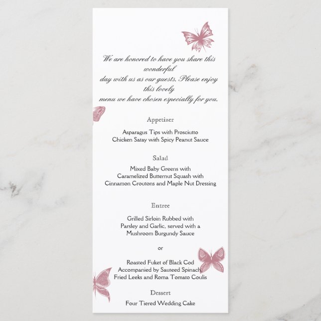Butterfly Dreams: Dusty Rose Wedding Menu (Front)