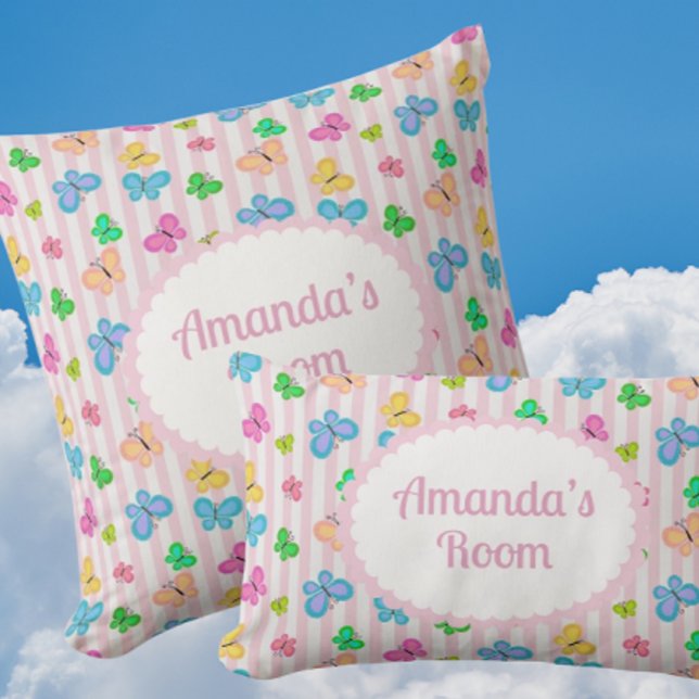 Butterfly Dreams Personalised Pink Stripe  Cushion (Personalize these sweet pillows for someone special!)