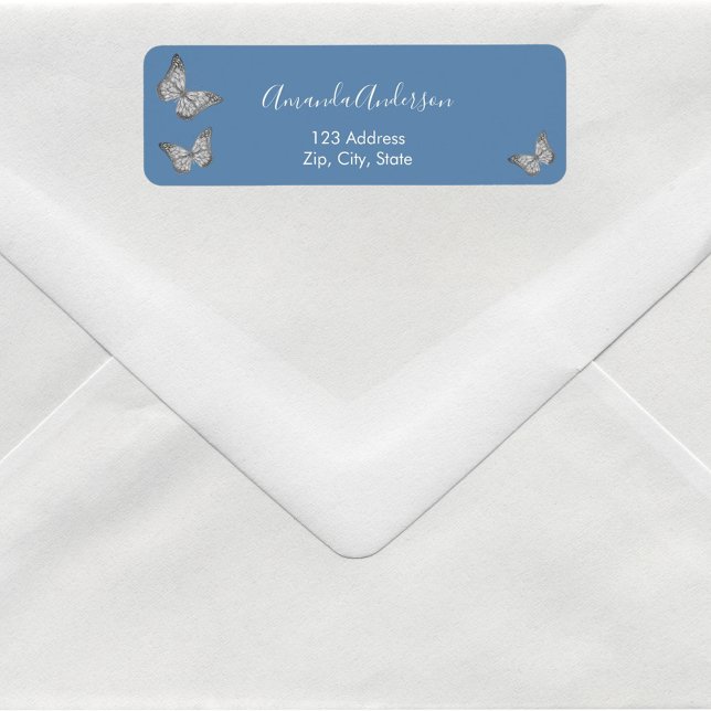 Butterfly dusty blue silver return address label (Creator Uploaded)
