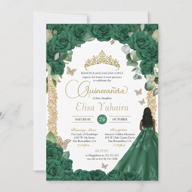 Butterfly Emerald Green Gold Princess Quinceanera Invitation (Front)