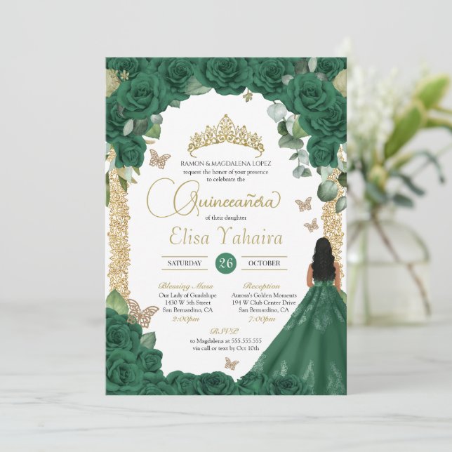 Butterfly Emerald Green Gold Princess Quinceanera Invitation (Standing Front)