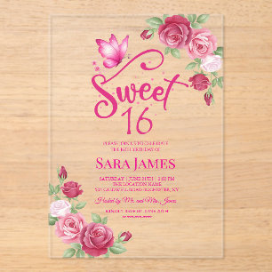 Butterfly Enchanted Rose Sweet 16 Birthday Acrylic Invitations