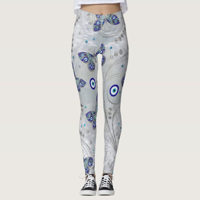 Butterfly Evil Eye Pattern on pearl Leggings (Front)