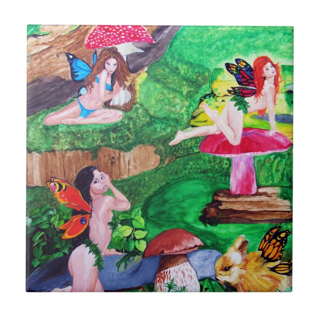 Butterfly Fairies Watercolor Painting Tile (Front)