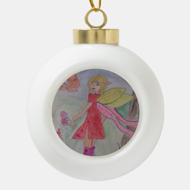 Butterfly Fairy  Ceramic Ball Christmas Ornament (Front)