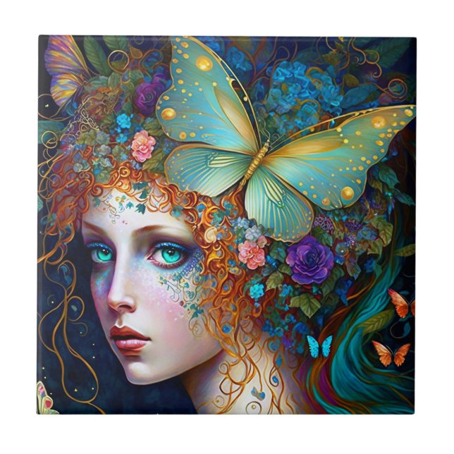 Butterfly Fairy Elf Lady Fantasy Art Ceramic Tile (Front)