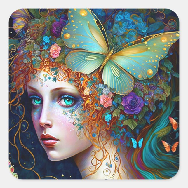 Butterfly Fairy Elf Lady Fantasy Art Square Sticker (Front)