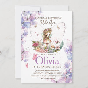 Butterfly Fairy Pink and Purple 3rd Birthday  Invitation