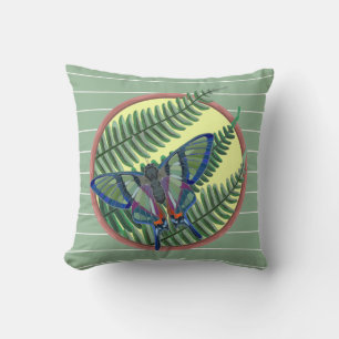 Butterfly & Fern, on pale green w white pinstripes Cushion