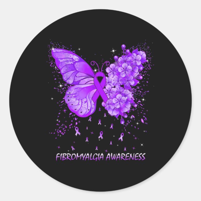 Butterfly Fibromyalgia Awareness Ribbon  Classic Round Sticker (Front)