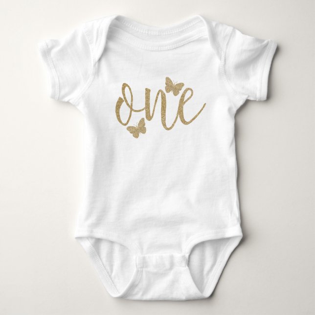 Butterfly First Birthday Faux Glitter Shirt (Front)