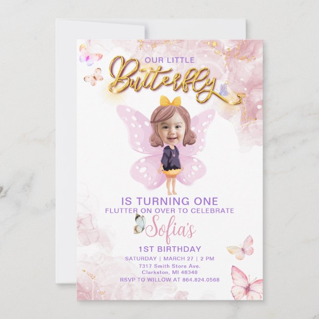 Butterfly First Birthday Girl 1st Invitation (Front)