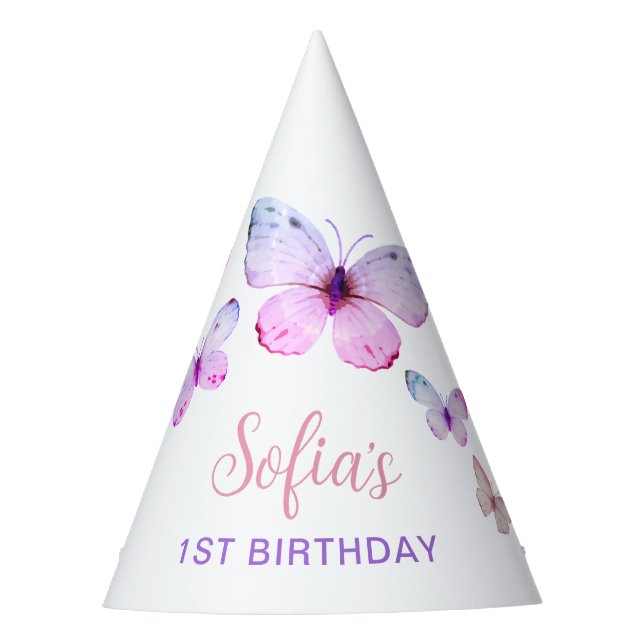 Butterfly First Birthday Girl 1st Pink Party Hat (Front)