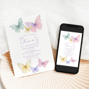Butterfly First Birthday Girl  Invitation