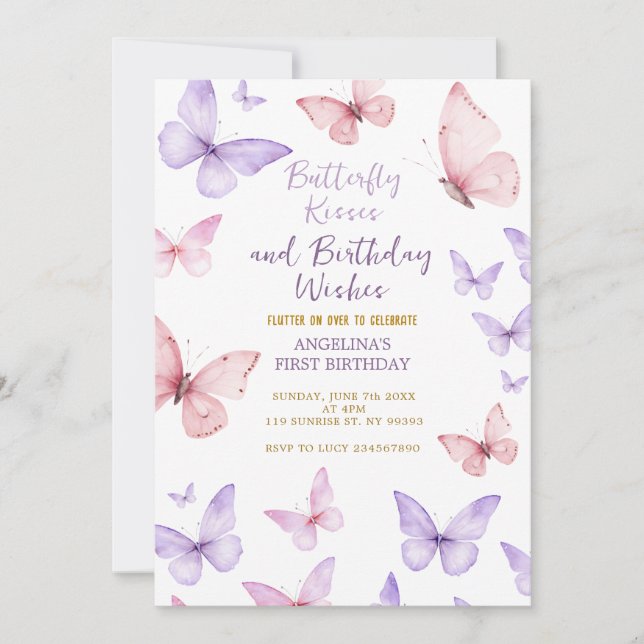 Butterfly First Birthday Invitation Girl (Front)