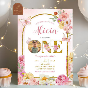 Butterfly Floral 1st Birthday Invitation With Phot