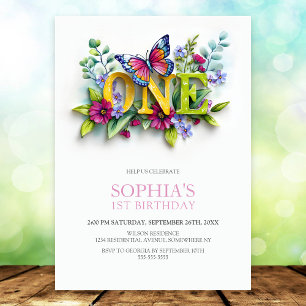 Butterfly Floral 1st Birthday Party Invitation