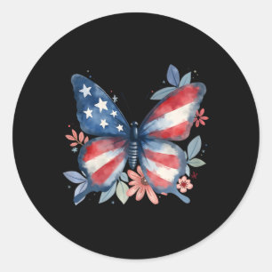 Butterfly Floral American Flag Usa 4th Of July Gir Classic Round Sticker