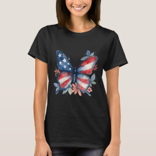 Butterfly Floral American Flag Usa 4th Of July Gir T-Shirt