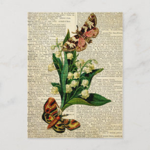 Butterfly floral art on vintage dictionary page postcard